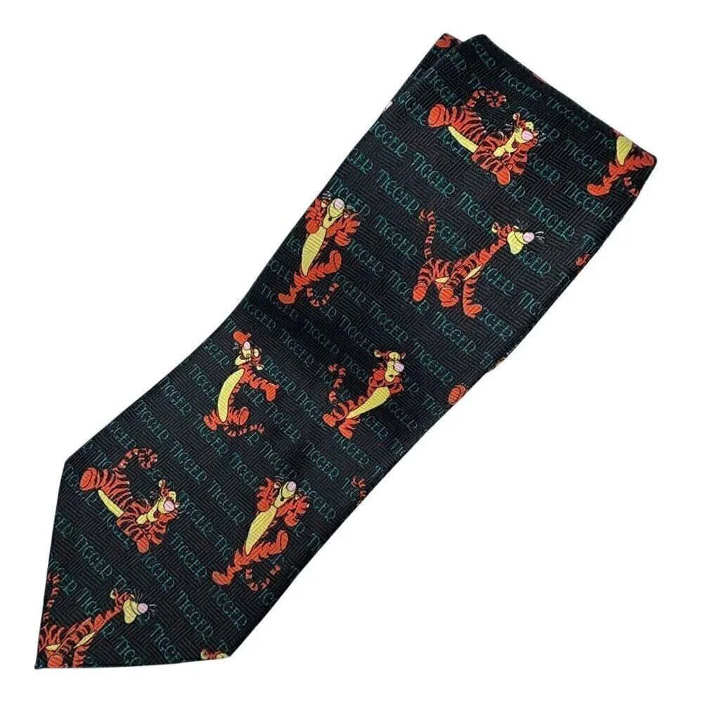 Pooh Disney Tigger VTG 90s Necktie Black Multicolor Tigger Name Repeated Pattern